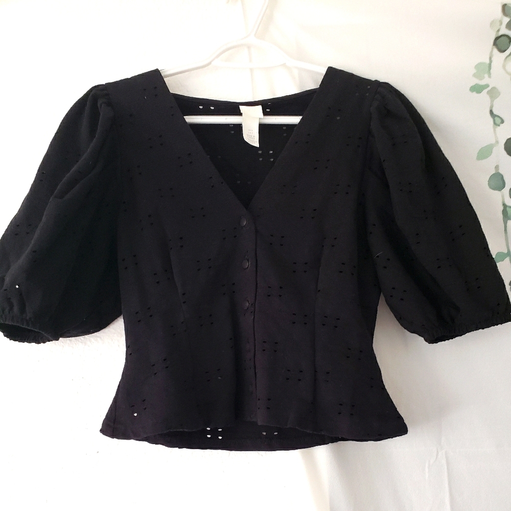 H&M Black Knit Blouse w/ Puff Sleeves - Small